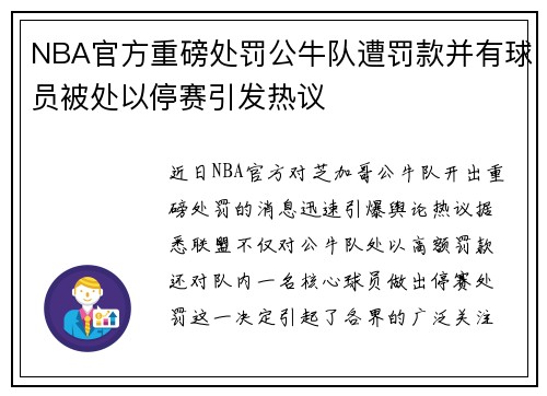 NBA官方重磅处罚公牛队遭罚款并有球员被处以停赛引发热议