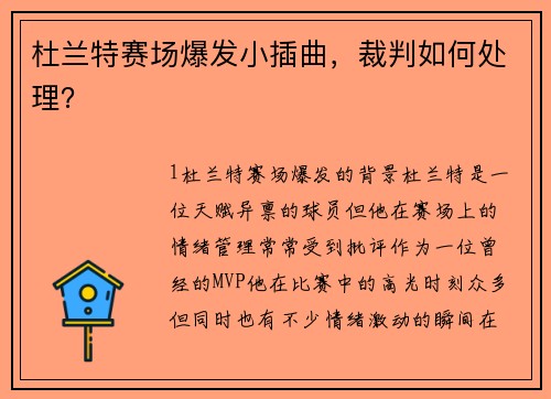 杜兰特赛场爆发小插曲，裁判如何处理？